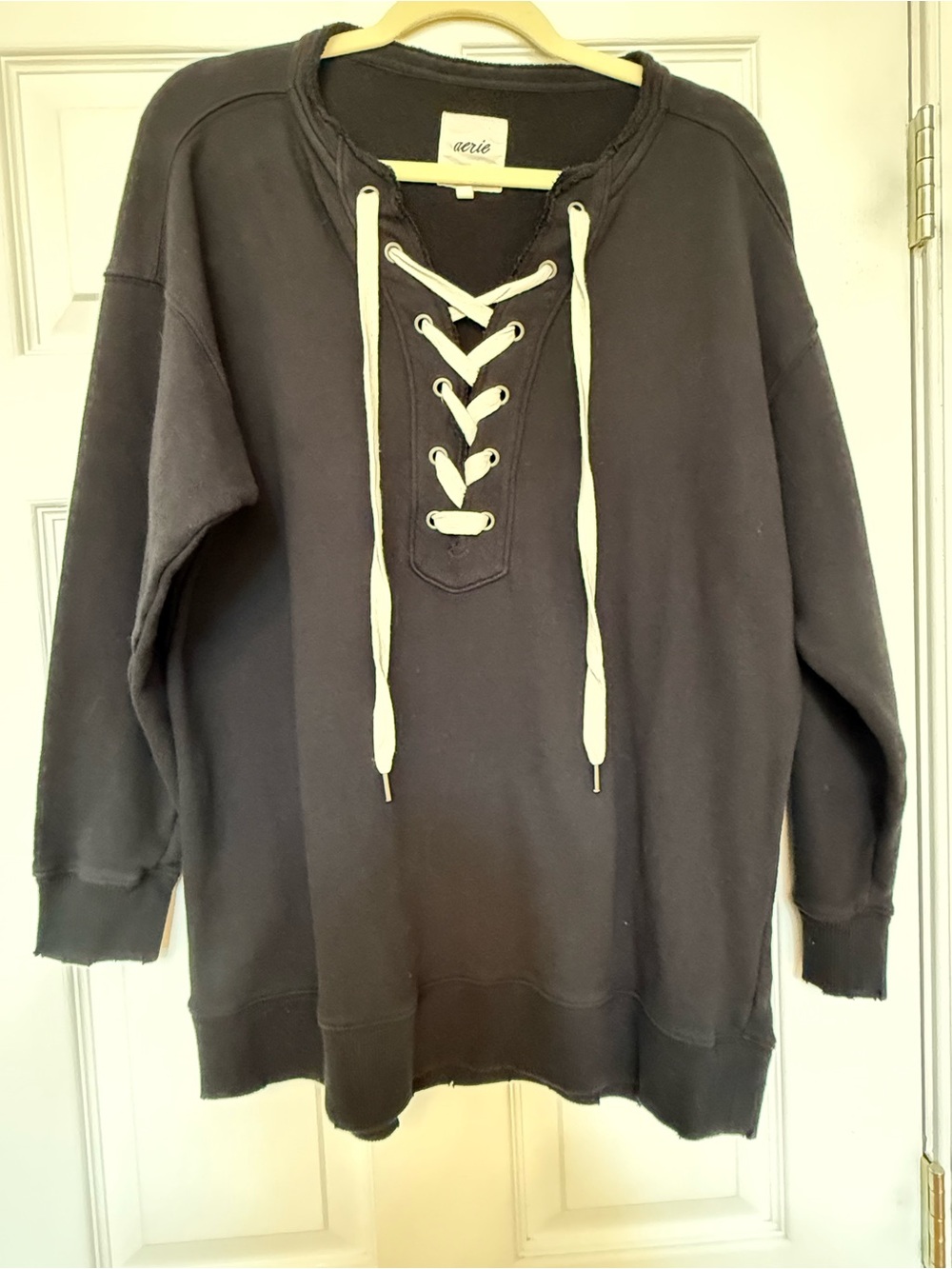 aerie Black Lace-Up Crewneck Sweater with Cream Drawcords